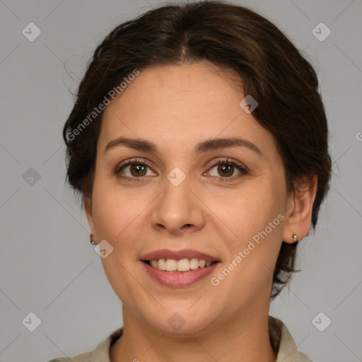 Joyful white young-adult female with medium  brown hair and grey eyes