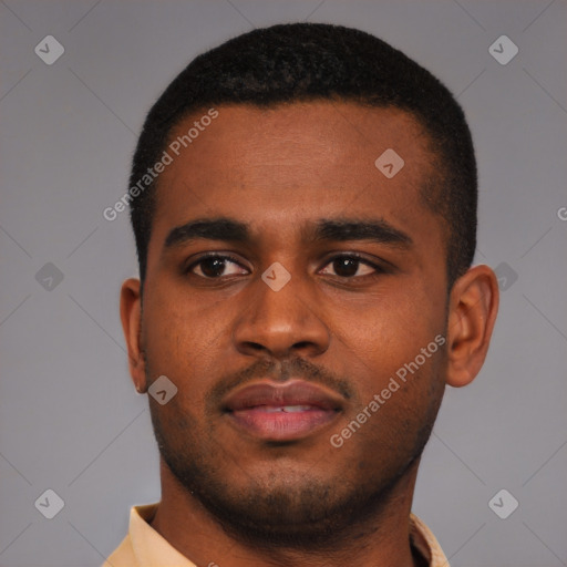 Neutral latino young-adult male with short  brown hair and brown eyes