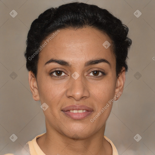 Joyful latino young-adult female with short  brown hair and brown eyes