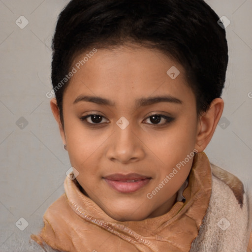 Joyful latino young-adult female with short  brown hair and brown eyes