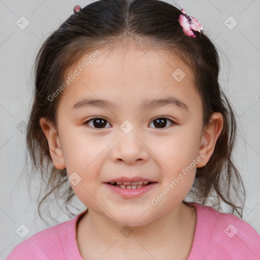 Joyful white child female with medium  brown hair and brown eyes