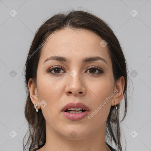 Joyful white young-adult female with medium  brown hair and brown eyes