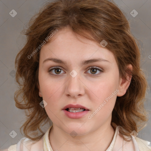 Neutral white young-adult female with medium  brown hair and brown eyes