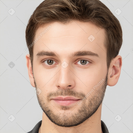 Neutral white young-adult male with short  brown hair and brown eyes