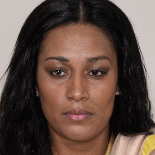 Neutral asian young-adult female with long  black hair and brown eyes