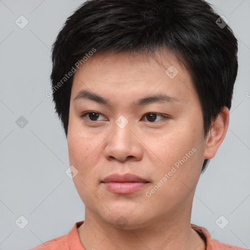 Joyful asian young-adult female with short  brown hair and brown eyes