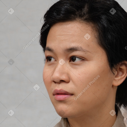 Neutral asian young-adult female with short  brown hair and brown eyes