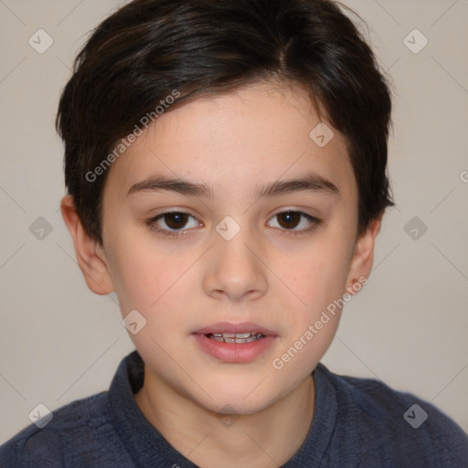 Joyful white child female with short  brown hair and brown eyes