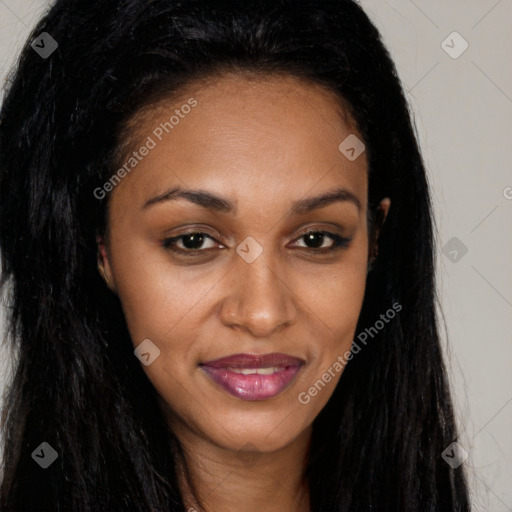 Joyful latino young-adult female with long  brown hair and brown eyes