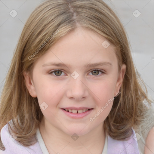 Joyful white child female with medium  brown hair and blue eyes