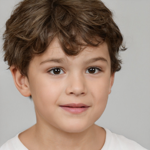 Joyful white child female with short  brown hair and brown eyes