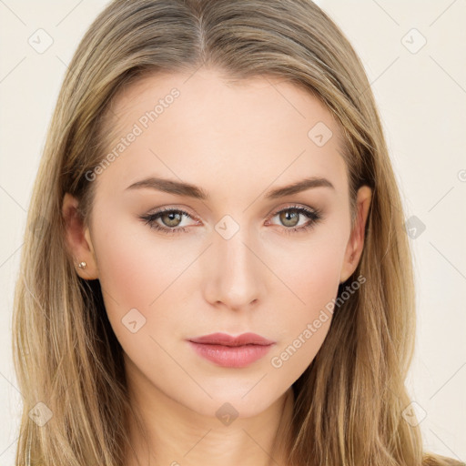 Neutral white young-adult female with long  brown hair and brown eyes