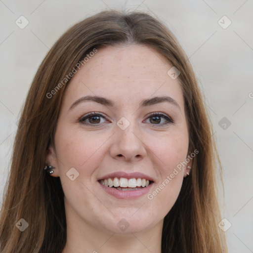 Joyful white young-adult female with long  brown hair and grey eyes