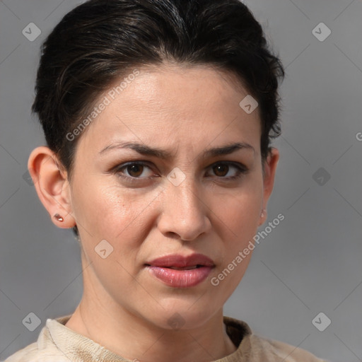 Joyful white young-adult female with short  brown hair and brown eyes