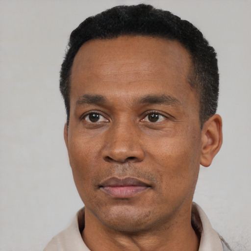 Neutral black adult male with short  black hair and brown eyes