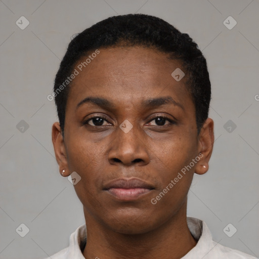 Neutral black young-adult female with short  black hair and brown eyes