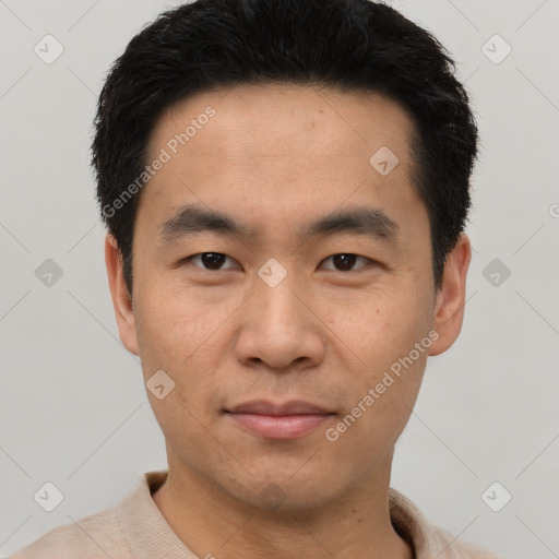 Neutral asian young-adult male with short  black hair and brown eyes