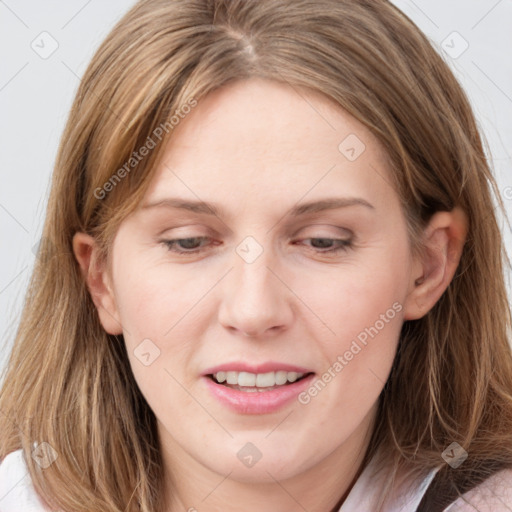 Joyful white young-adult female with medium  brown hair and blue eyes