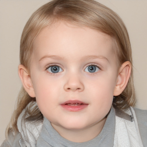 Neutral white child female with medium  brown hair and blue eyes