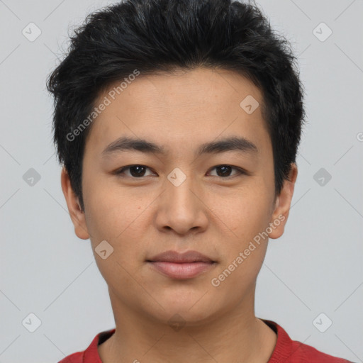 Neutral asian young-adult male with short  black hair and brown eyes