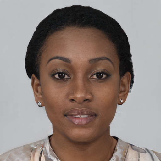 Joyful black young-adult female with short  black hair and brown eyes