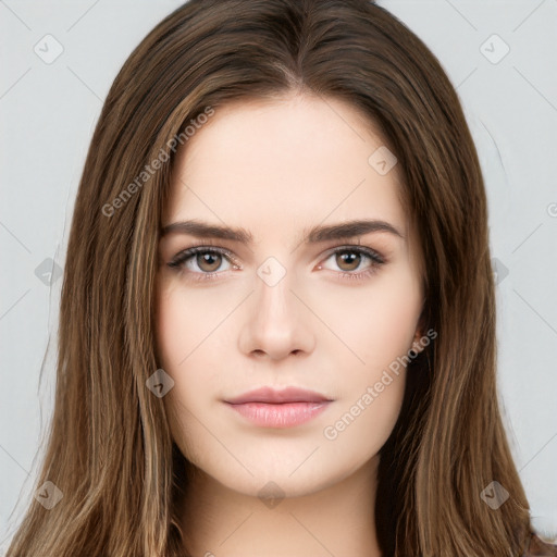 Neutral white young-adult female with long  brown hair and brown eyes