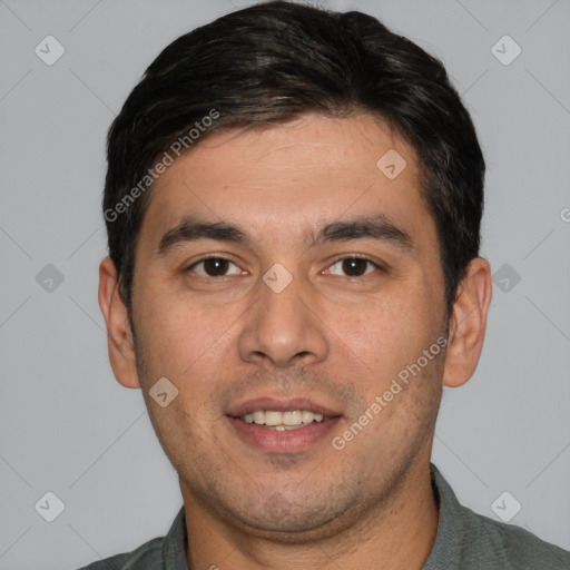 Joyful white young-adult male with short  black hair and brown eyes
