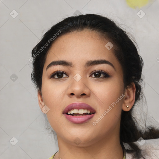 Joyful latino young-adult female with medium  black hair and brown eyes