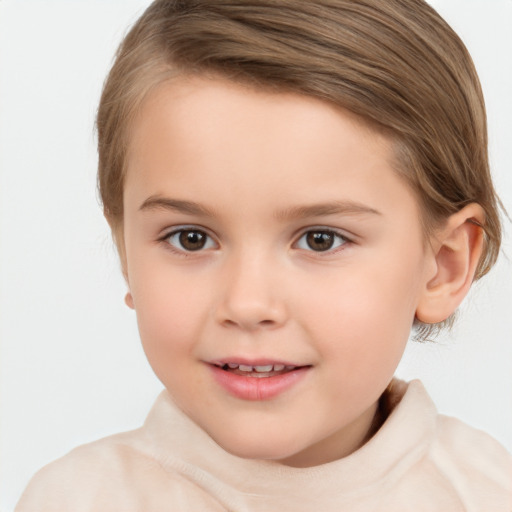 Joyful white child female with medium  brown hair and brown eyes