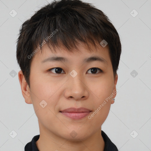 Joyful asian young-adult female with short  brown hair and brown eyes