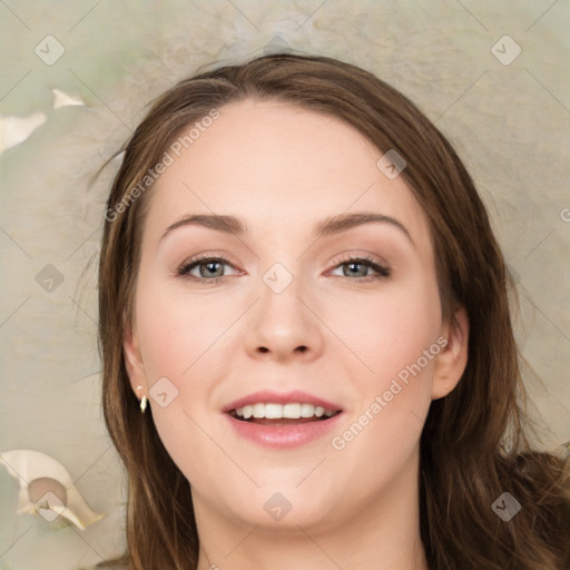 Joyful white young-adult female with long  brown hair and green eyes