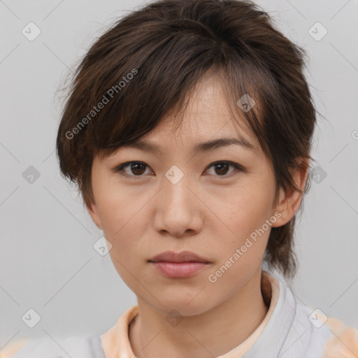 Neutral white young-adult female with medium  brown hair and brown eyes