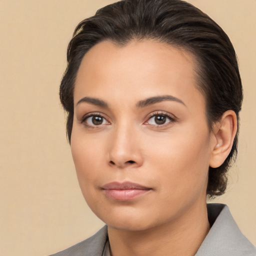 Neutral asian young-adult female with medium  brown hair and brown eyes