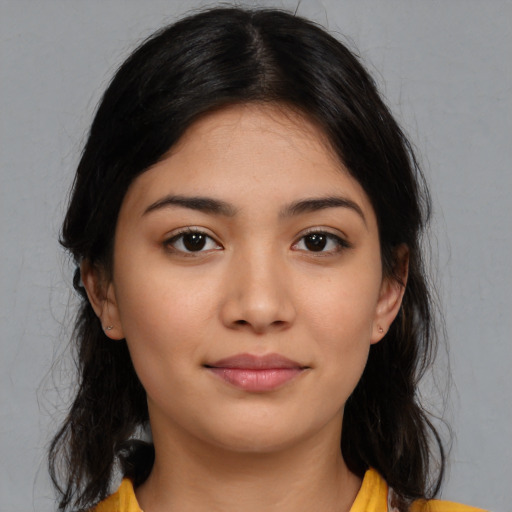 Neutral latino young-adult female with medium  black hair and brown eyes