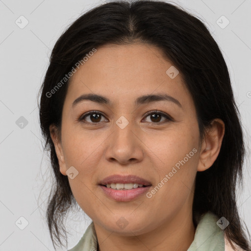 Joyful white young-adult female with medium  brown hair and brown eyes