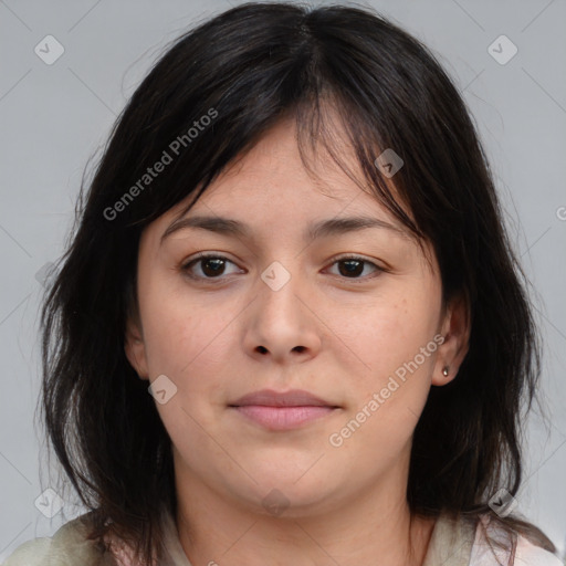 Neutral asian young-adult female with medium  brown hair and brown eyes