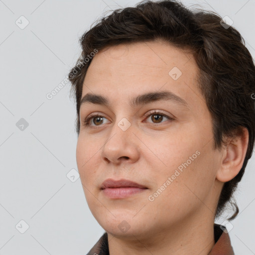 Joyful white young-adult female with short  brown hair and brown eyes