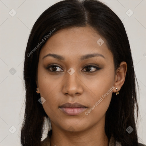 Neutral asian young-adult female with long  brown hair and brown eyes