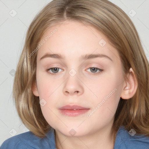 Neutral white young-adult female with medium  brown hair and grey eyes