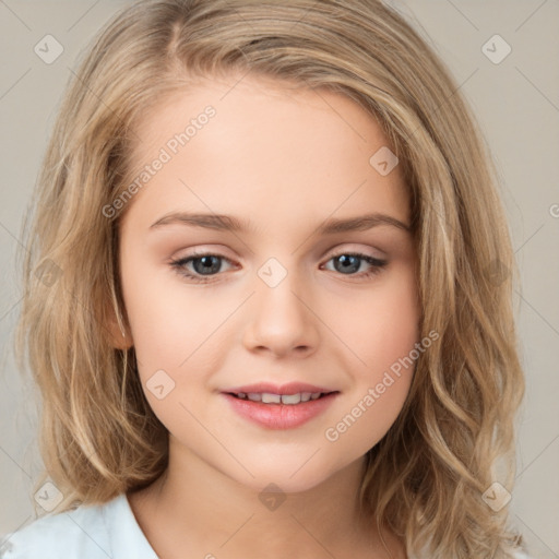 Joyful white child female with medium  brown hair and brown eyes