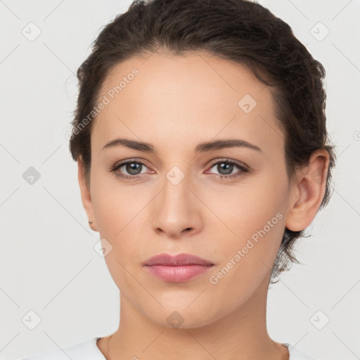 Neutral white young-adult female with short  brown hair and brown eyes