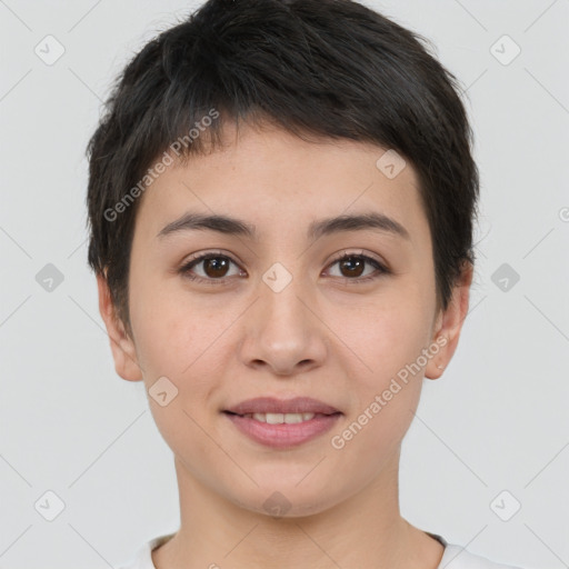 Joyful white young-adult female with short  brown hair and brown eyes