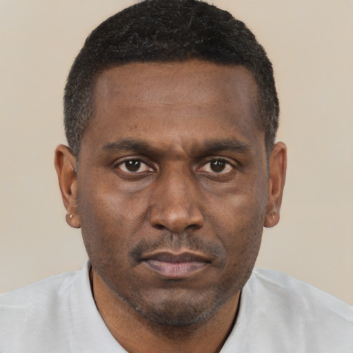 Neutral black adult male with short  brown hair and brown eyes
