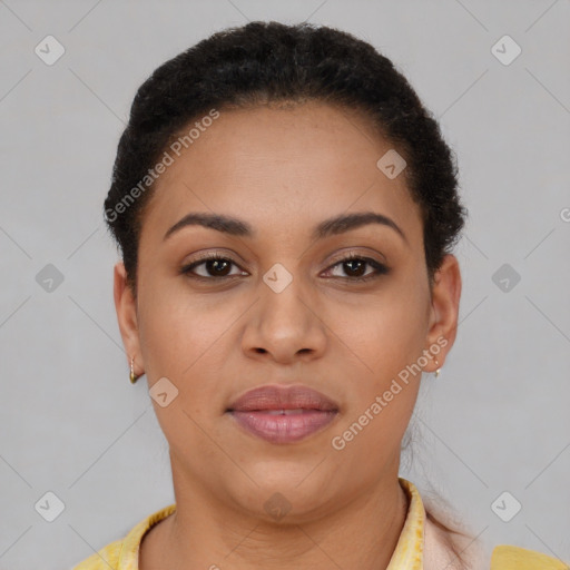 Joyful latino young-adult female with short  brown hair and brown eyes