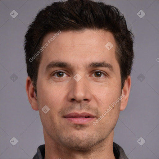 Neutral white adult male with short  brown hair and brown eyes