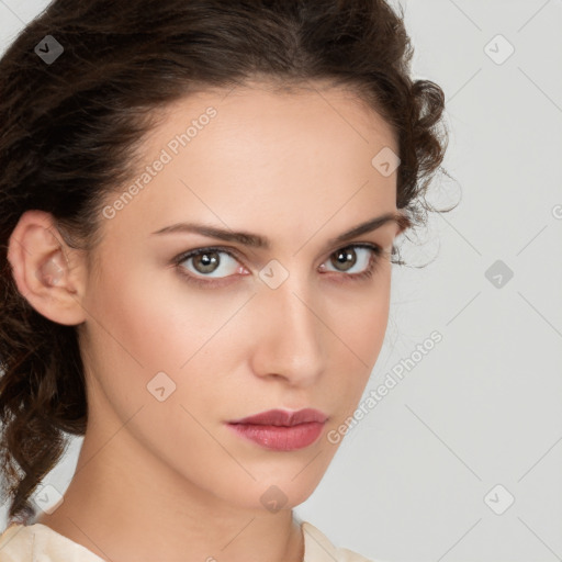 Neutral white young-adult female with medium  brown hair and brown eyes