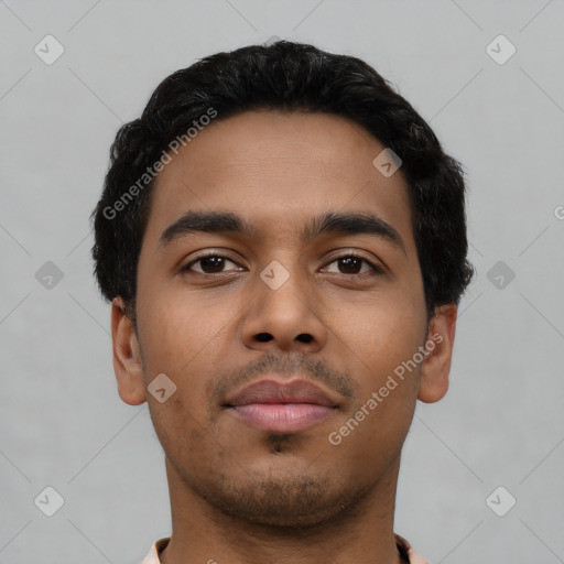 Neutral latino young-adult male with short  black hair and brown eyes