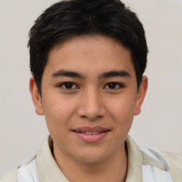 Joyful latino young-adult male with short  brown hair and brown eyes