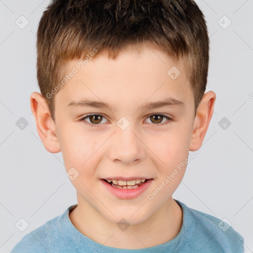 Joyful white child male with short  brown hair and brown eyes