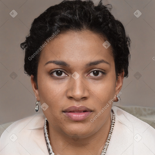 Joyful latino young-adult female with short  brown hair and brown eyes